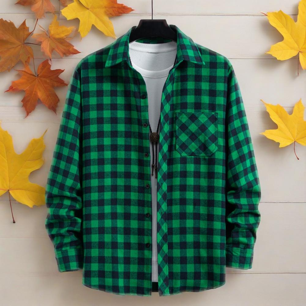 Flannel Shirt Lined - Men's long-sleeved lapel all-match plaid shirt